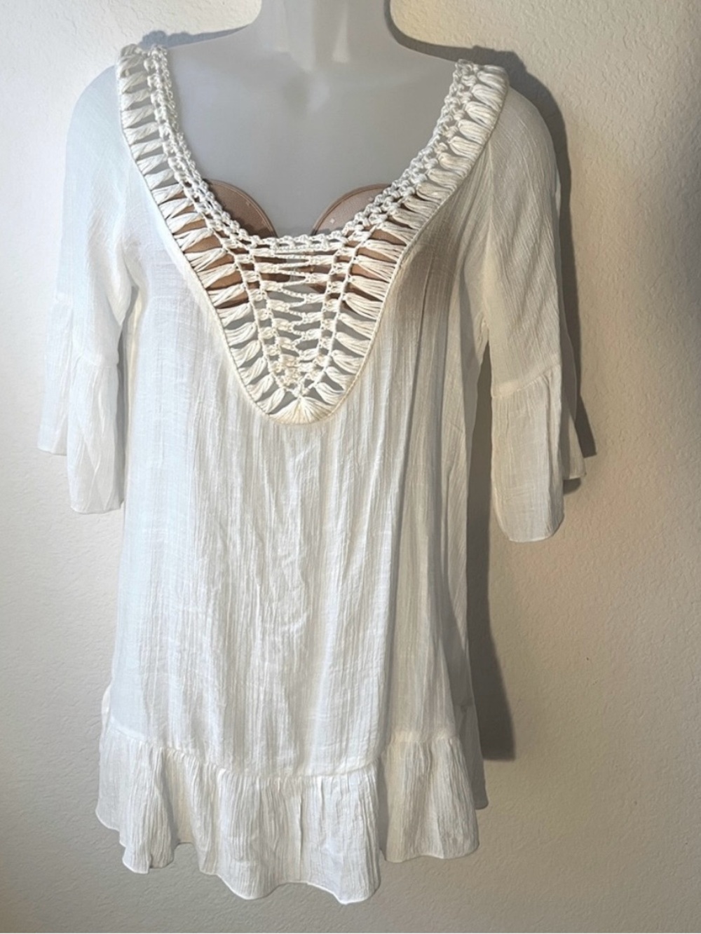 Boho Crochet V-Neck cotton White Tunic Top